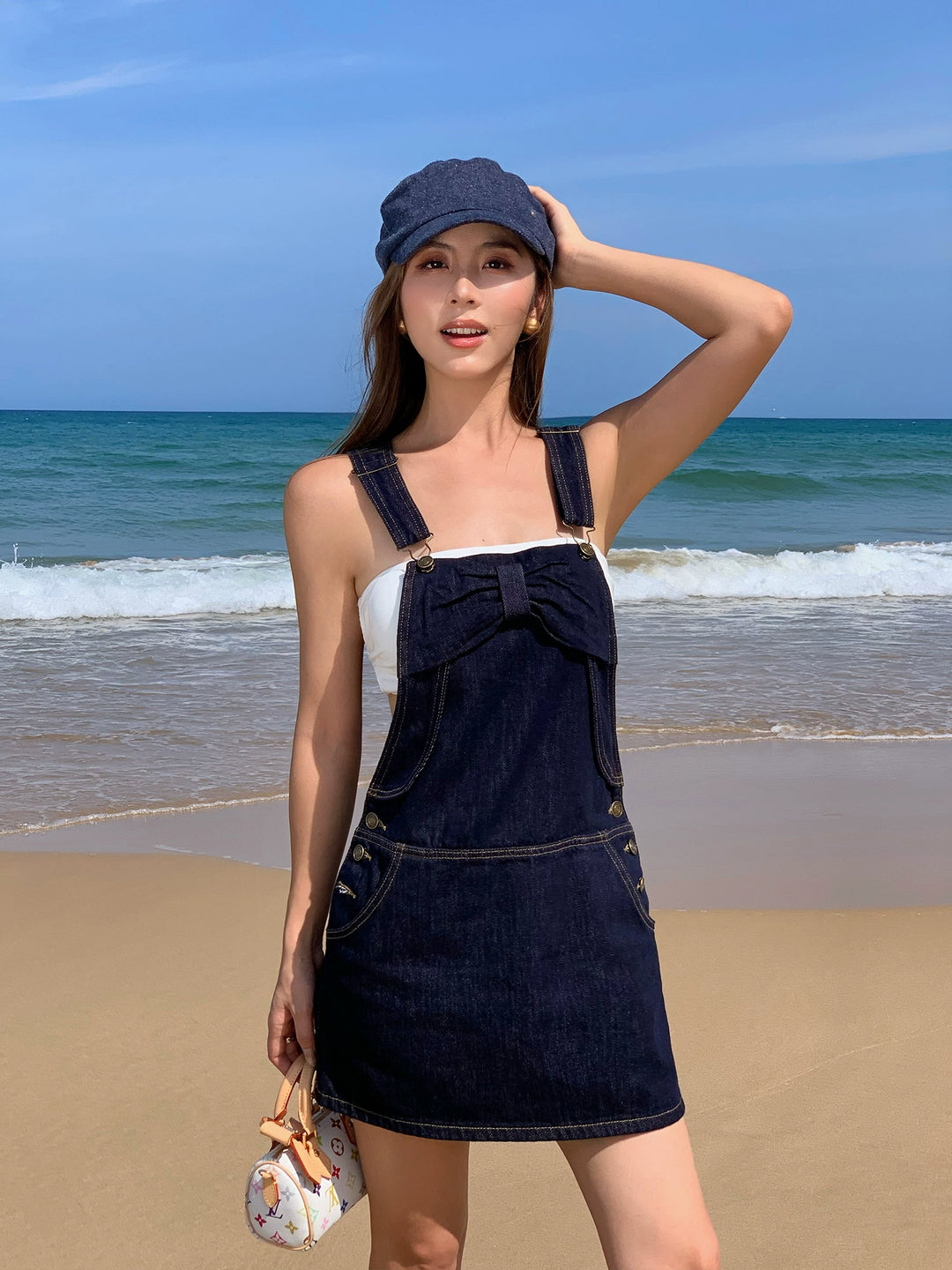 Denim Overall Skirt with Bow Detail