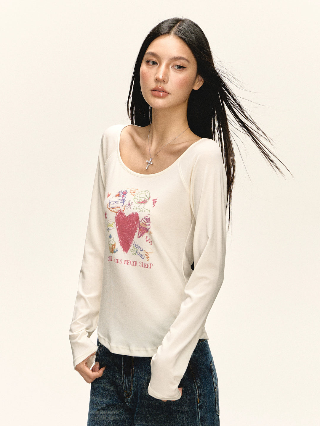 Grafische U-hals Lange Mouwen T-shirt