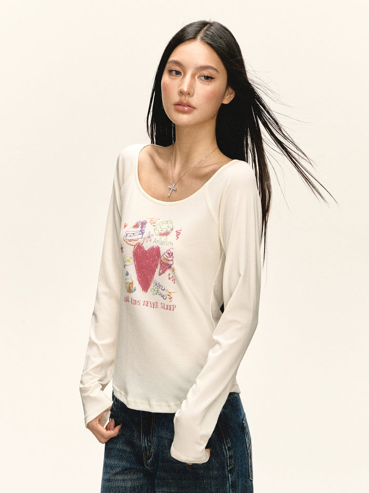 Grafische U-hals Lange Mouwen T-shirt