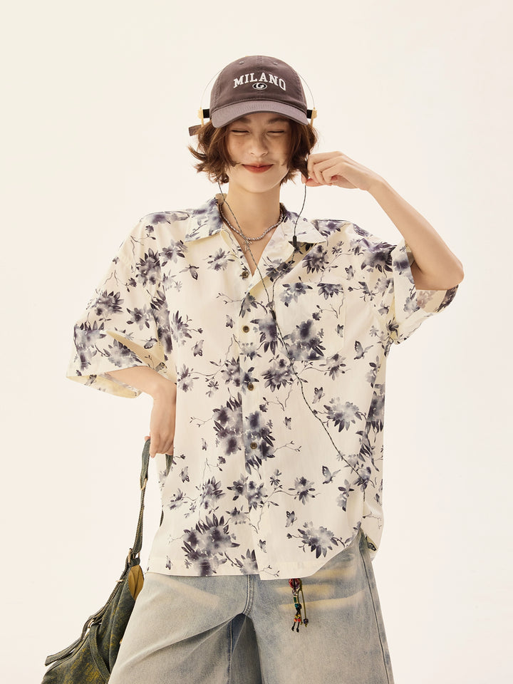 Ice Silk Floral Print Loose Shirt