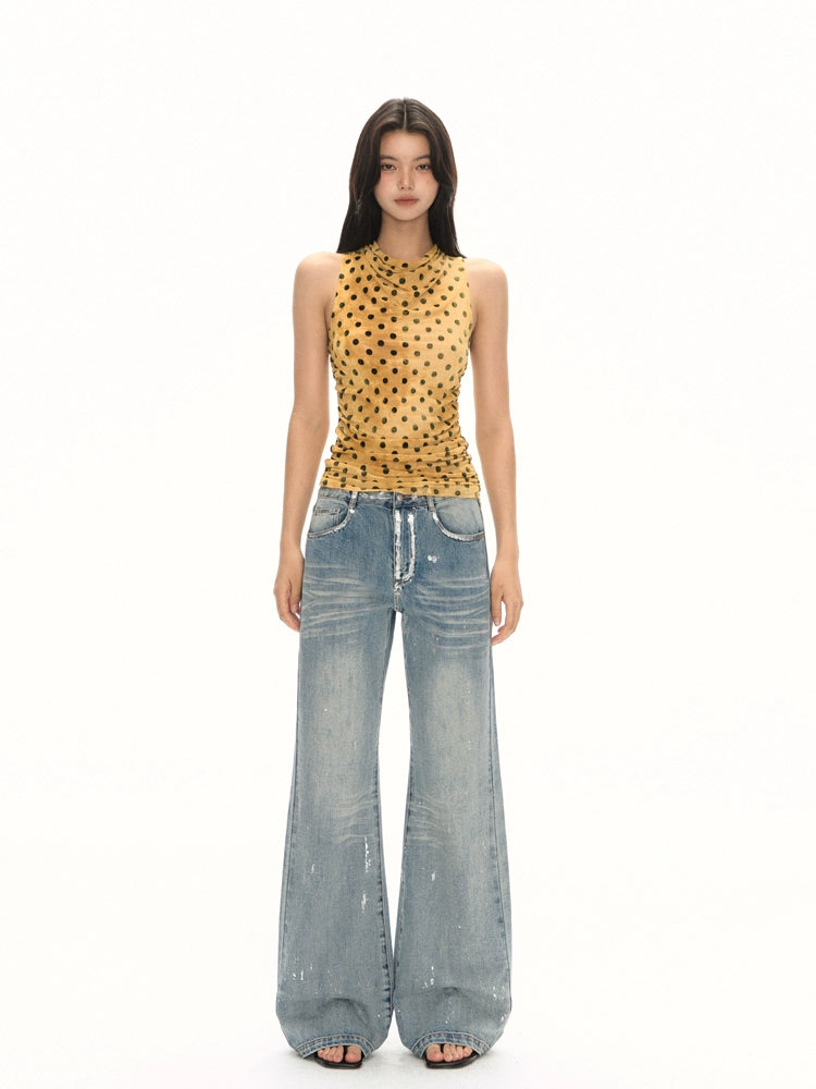 Polka Dot Halter Neck Ruched Tank Top
