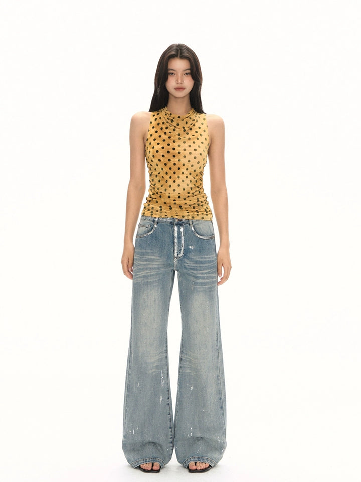 Polka Dot Halter Neck Ruched Tank Top