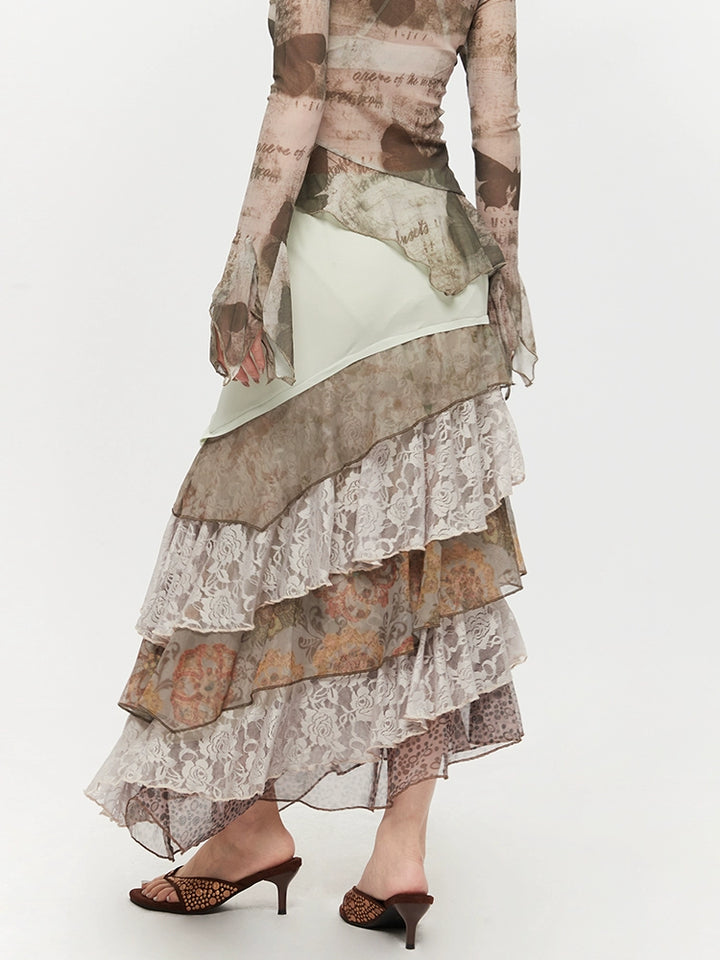 Irregular Lace Patchwork Layered Long Skirt