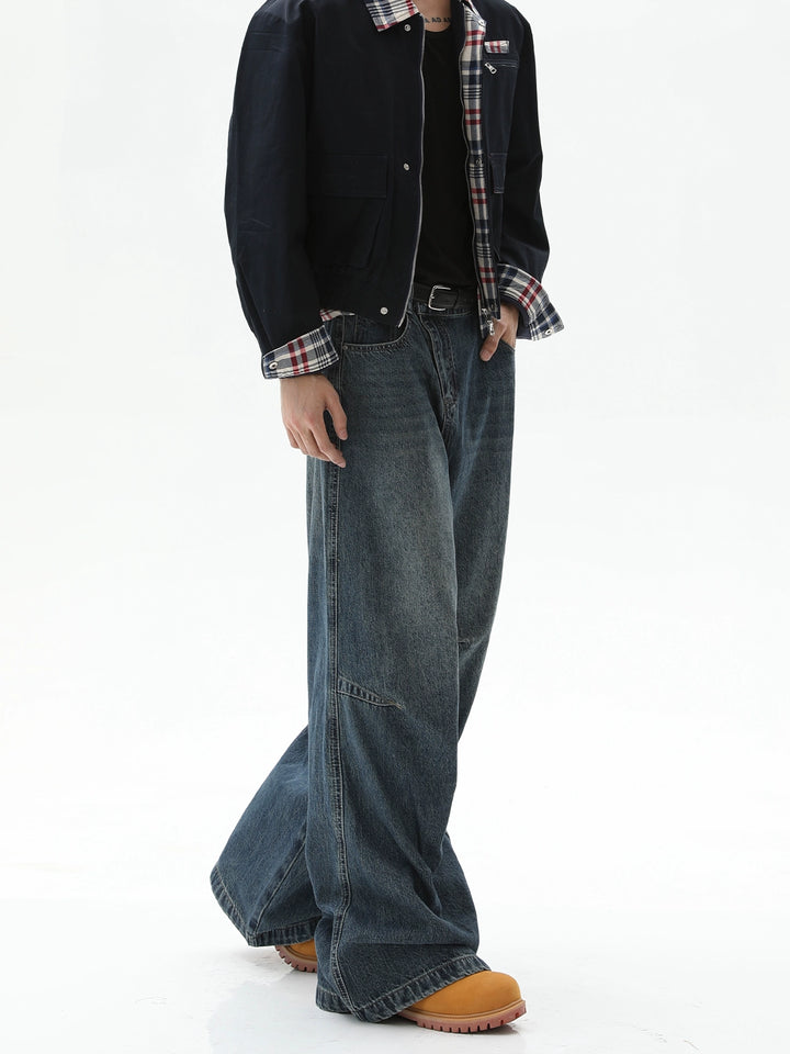 Jeans casual de pierna ancha desgastados con pliegues