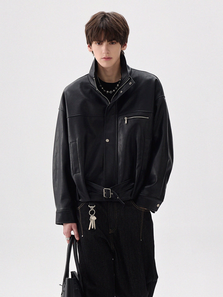 High-Collar Zipper Leather Jacket