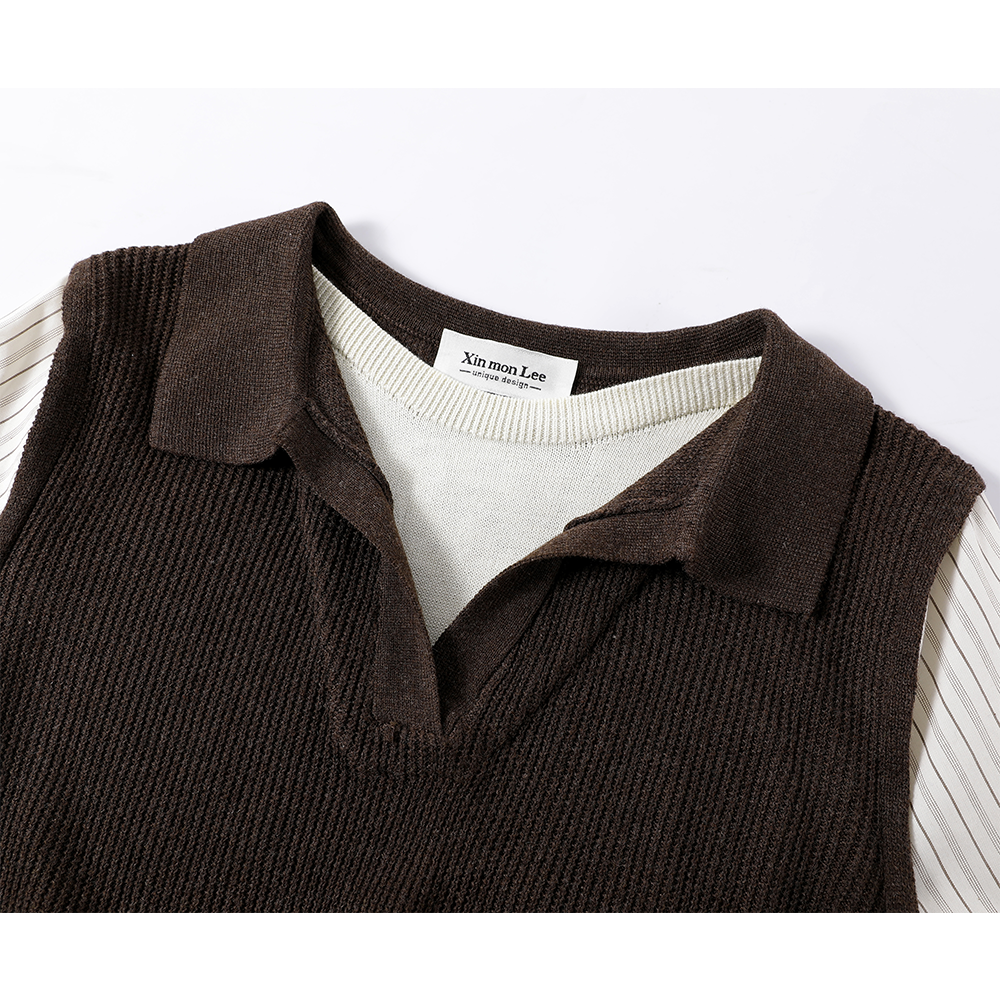 Striped Sleeves Collared Knit Vest Shirt