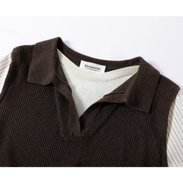 Striped Sleeves Collared Knit Vest Shirt