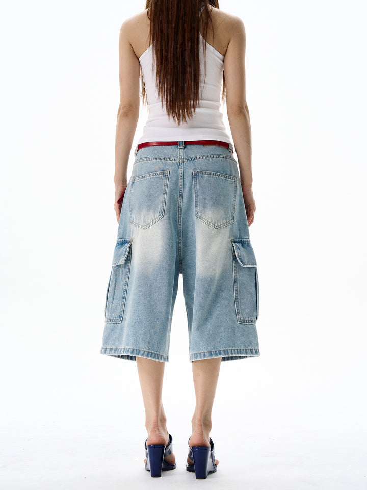 Wide-Leg Cropped Denim Cargo Pants