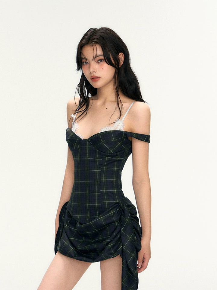 Plaid Lace Trim Drawstring Suspender Dress