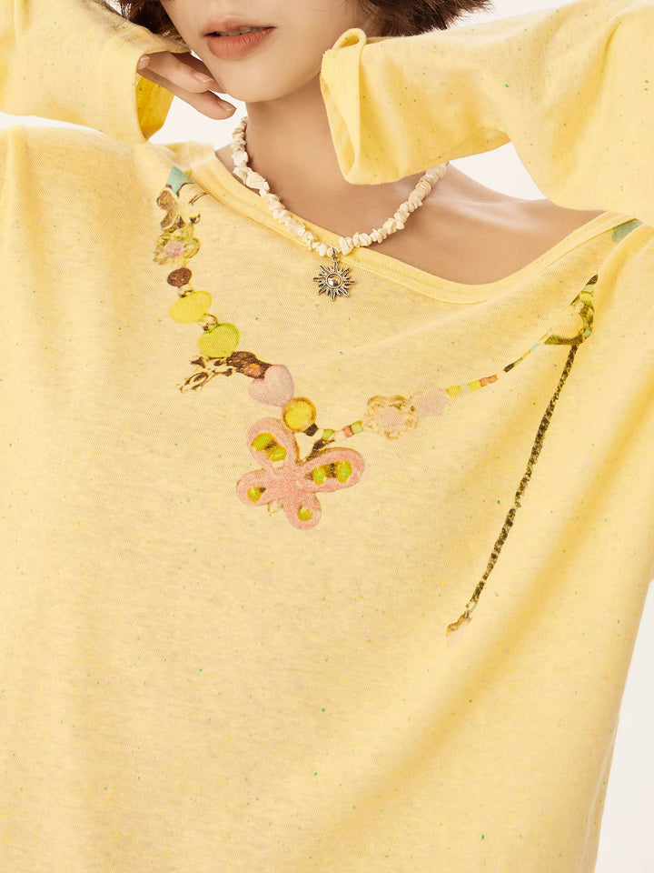 One-Shoulder Tulle Long Sleeve Blouse