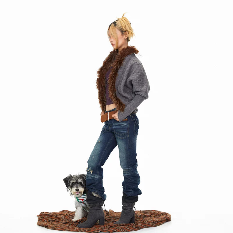 Fur Collar Sleeves Knitted Cardigan