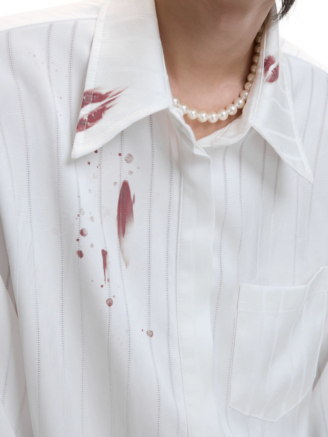 Striped Satin Lip Print Button-Up Shirt
