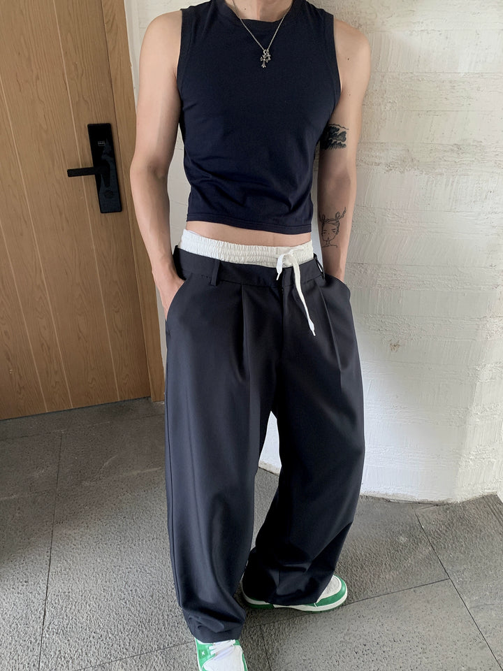 Elastic Waist Wide-Leg Pleated Pants