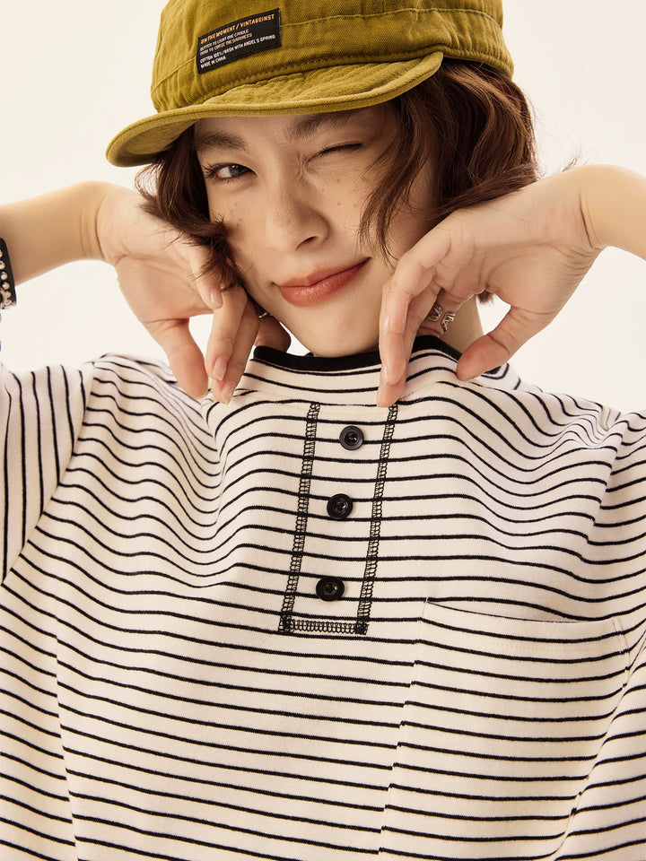 Striped Short Sleeve Henley Neck T-Shirt