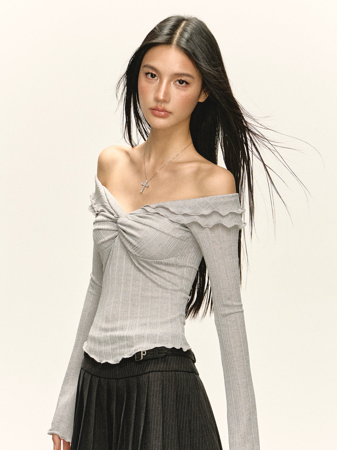 Off Shoulder Ruched Ribbed Long Sleeve Top