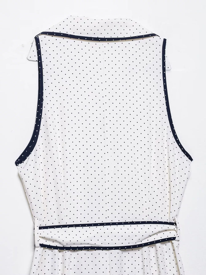 민소매 물방울 무늬 버튼 미디 드레스