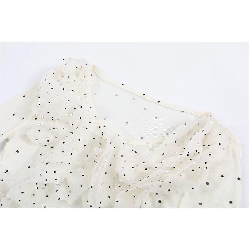 Polka Dot Ruffle Trim Long Sleeve Top