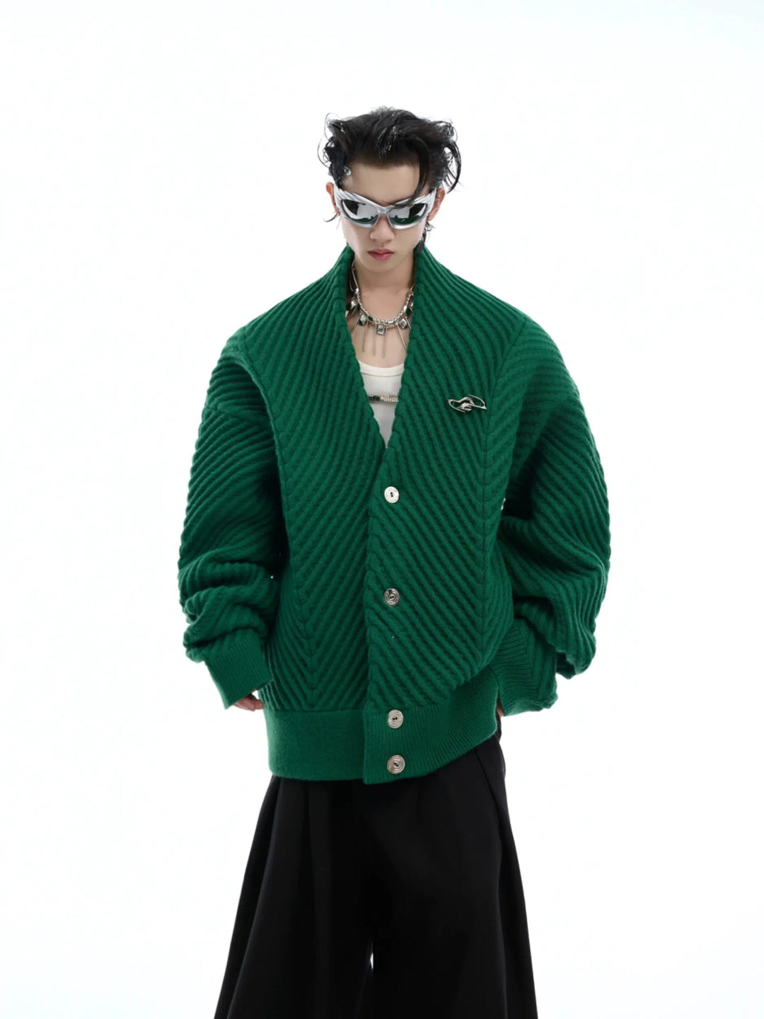 Pleated Knit V-Neck Cardigan