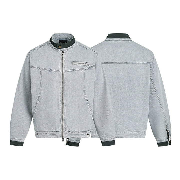 Washed Denim Harrington Stand Collar Jacket