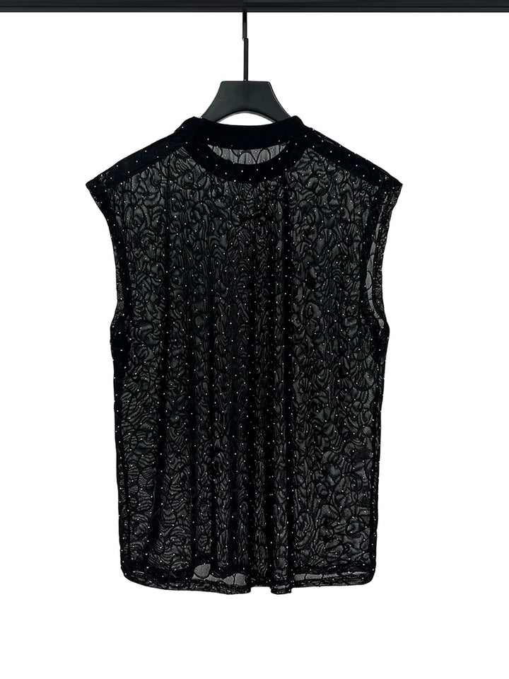 Mesh Rhinestone See-through Sleeveless Vest