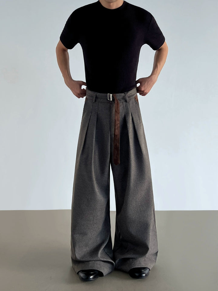Pantalons A-Line en Suède à Carreaux Pied-de-Poule à Jambe Large