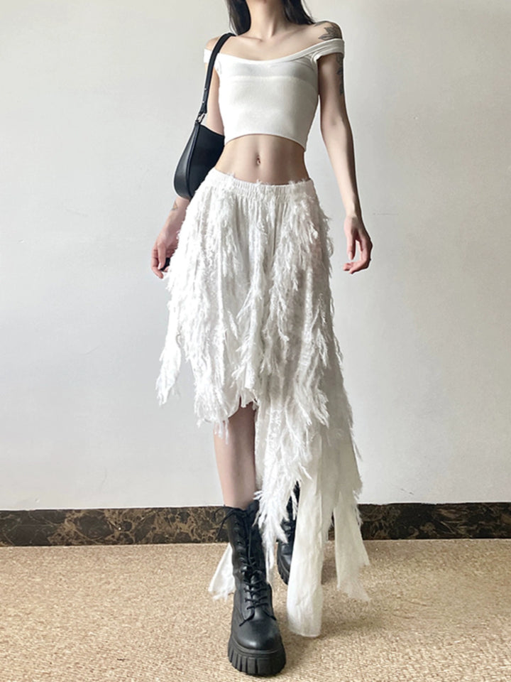 Irregular Tassel Skirt with Elastic Waist