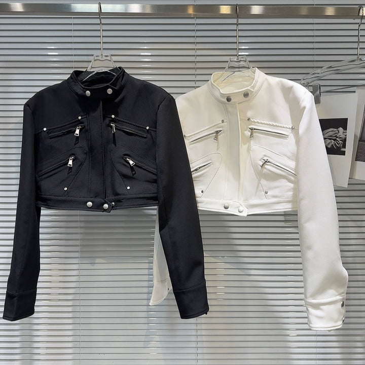 Cropped Stand Collar Zipper Shoulder Jacket