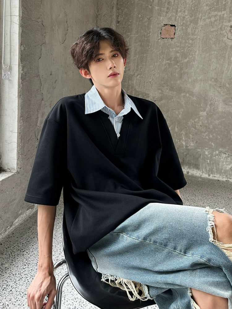 Spliced Lapel Loose Short-Sleeve T-Shirt