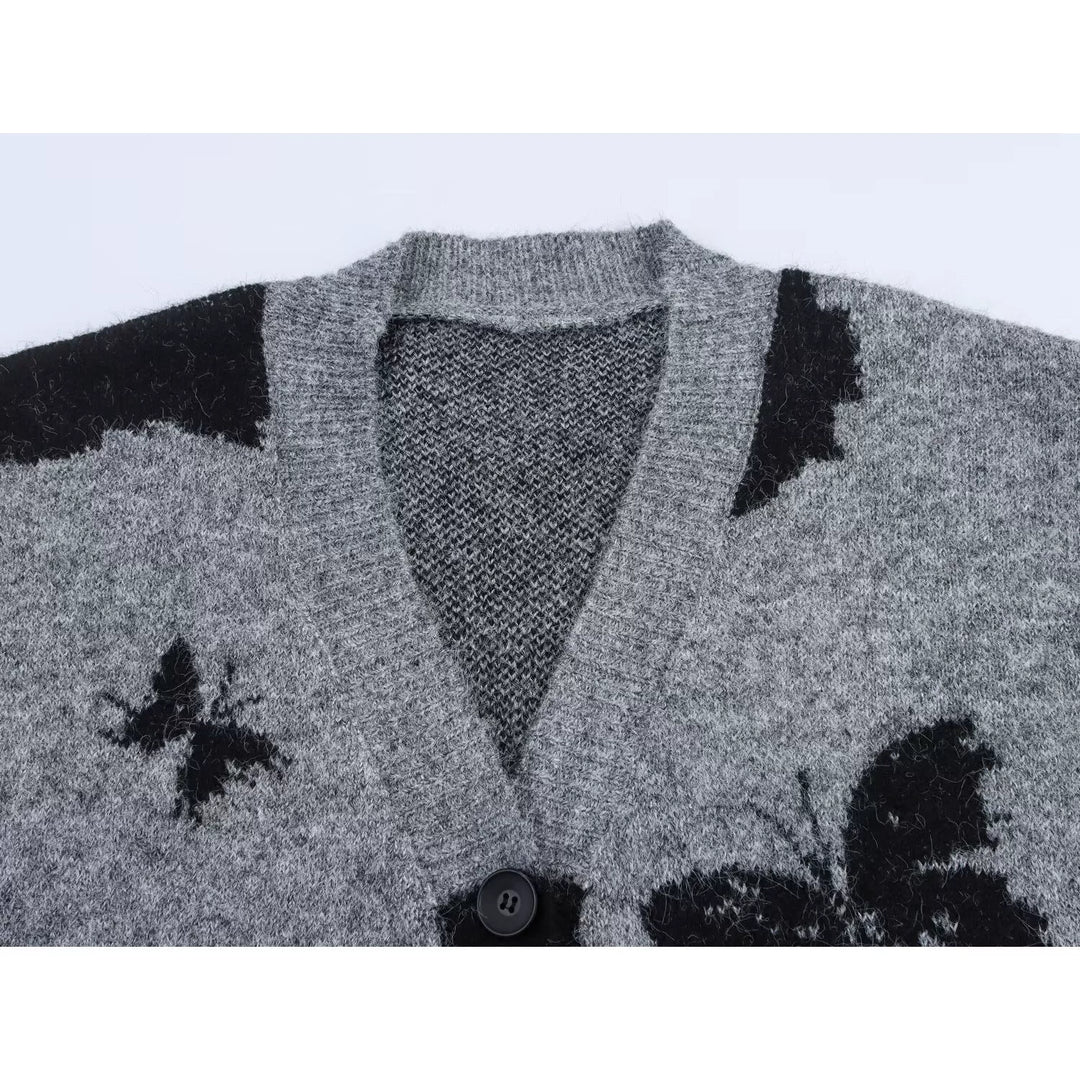Butterfly Jacquard V-Neck Knit Cardigan