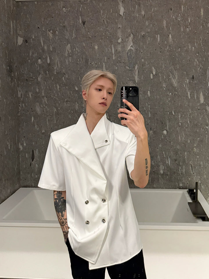 Irregular Stand Collar Padded Shoulder Shirt