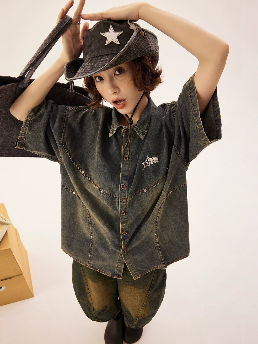 Retro Washed Denim Short Sleeve Shirt