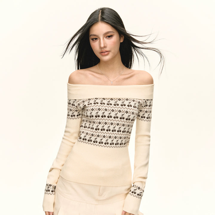 Off Shoulder Retro Knit Sweater