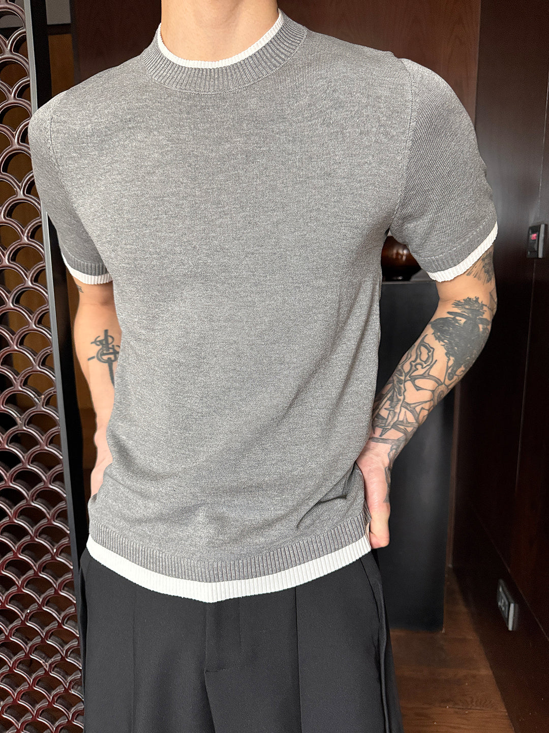 Knitted Short Sleeve Contrast Cuff T-shirt