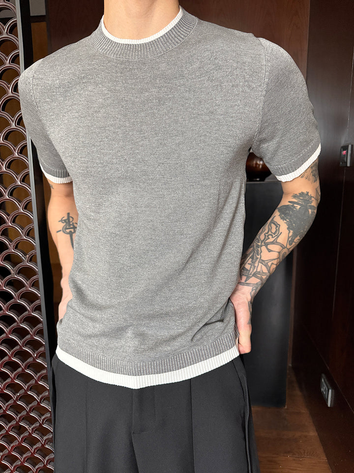 Knitted Short Sleeve Contrast Cuff T-shirt