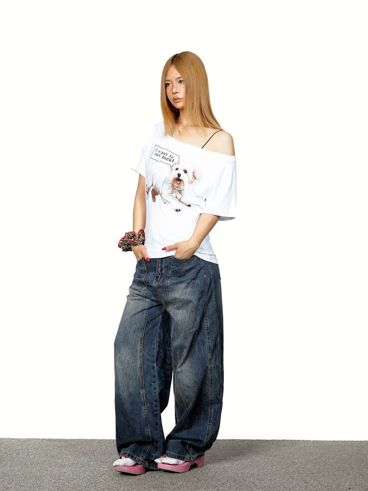 Puppy Print One-Shoulder Loose T-Shirt