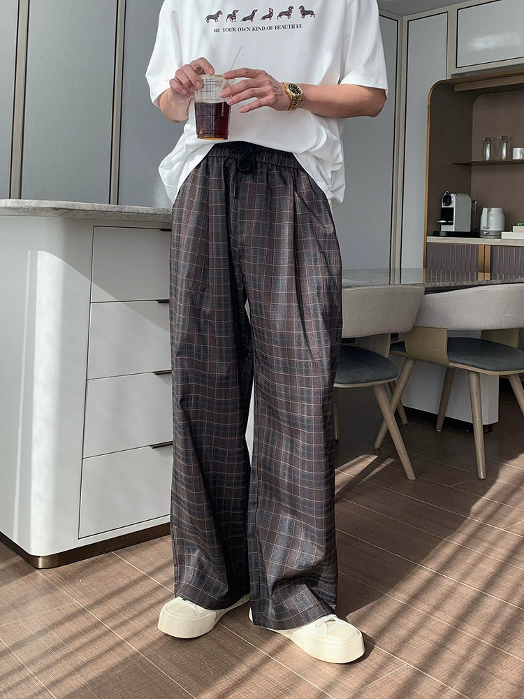 Plaid Elastic Waist Wide-Leg Casual Pants