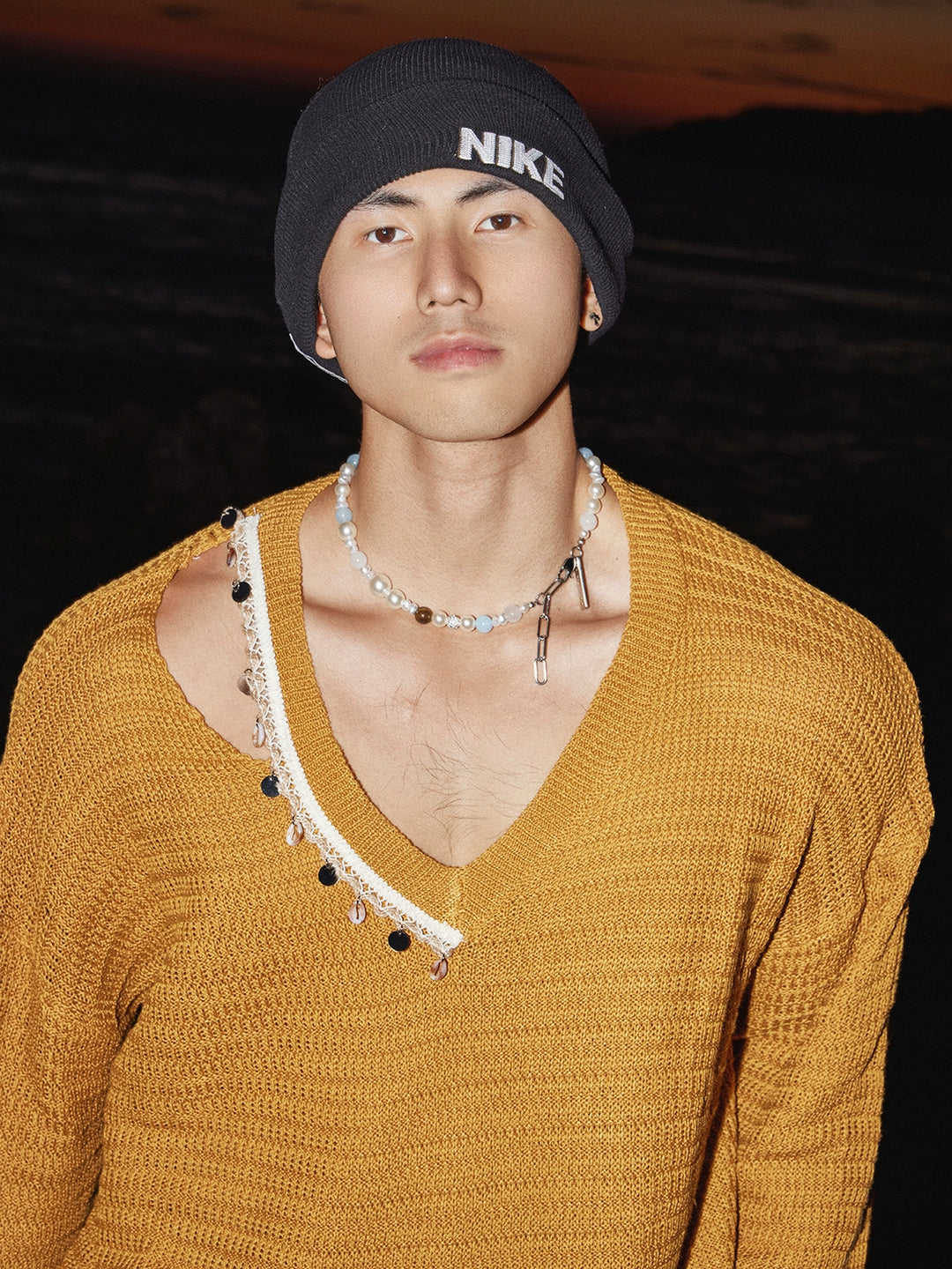 Shell Detail V-Neck Knit Sweater