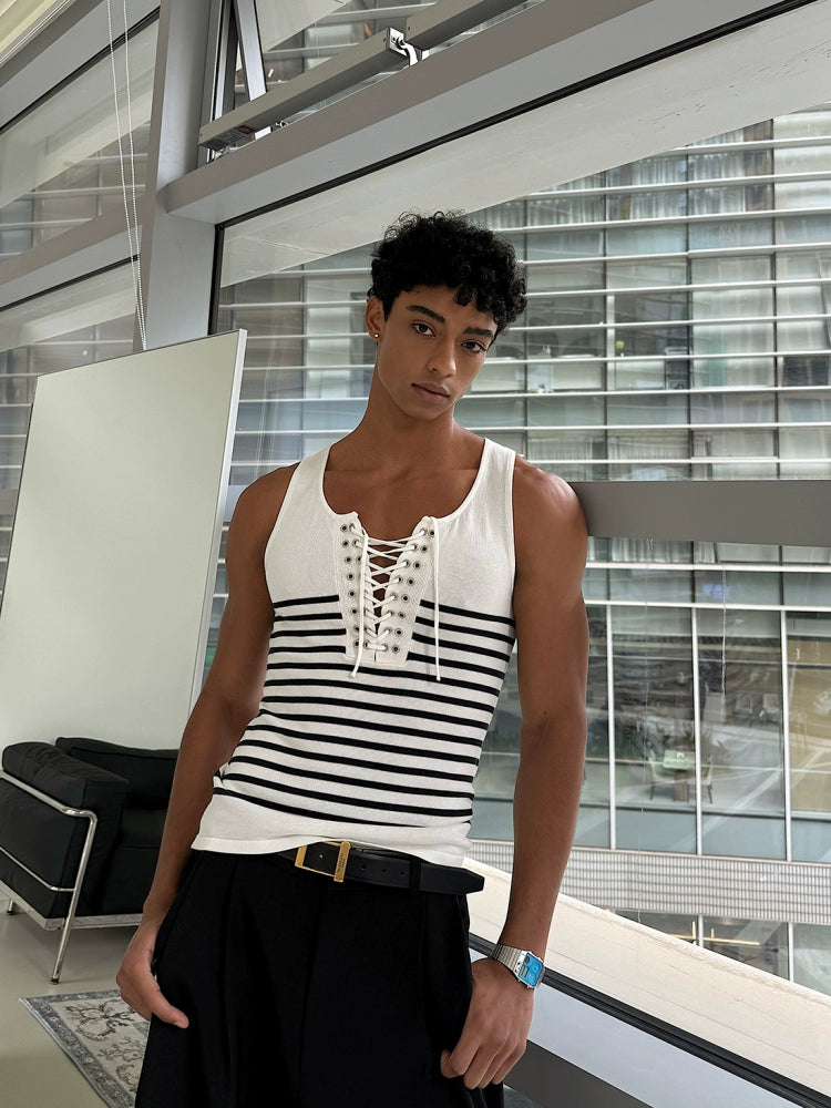 Striped Lace-Up V-Neck Knit Vest