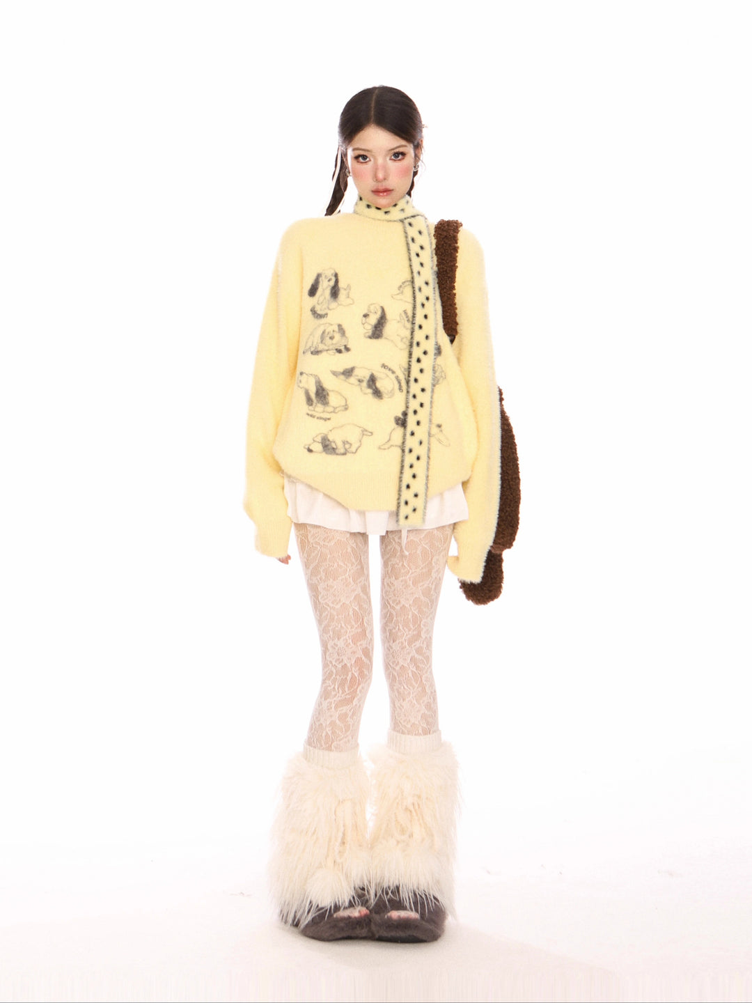 Pull en mohair avec impression de chiot et écharpe