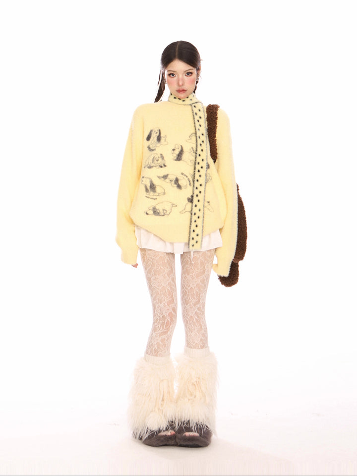 Pull en mohair avec impression de chiot et écharpe
