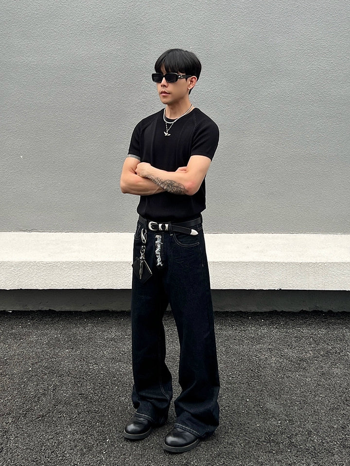 Destroyed Raw Wide-Leg Jeans