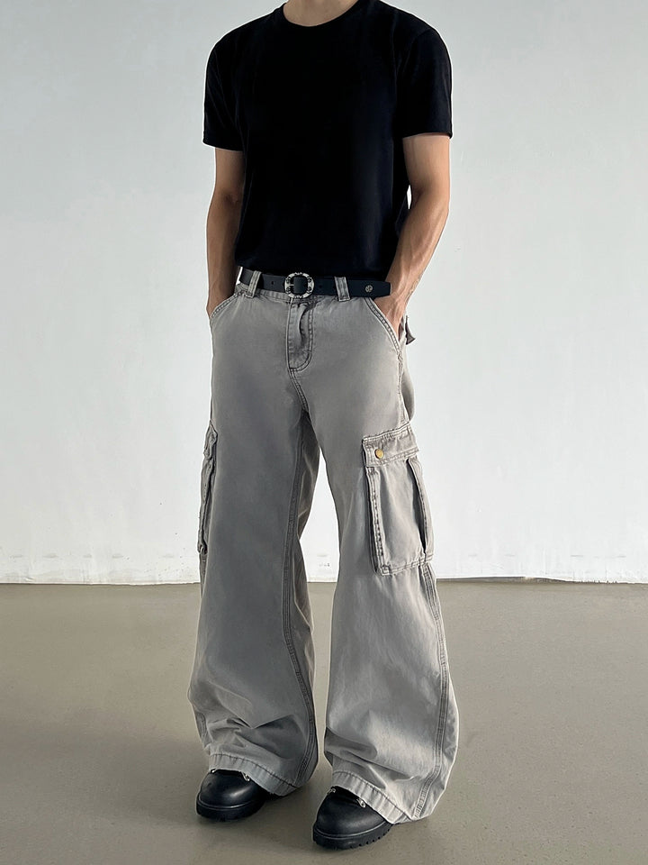 Distressed Wide-Leg Multi-Pocket Cargo Pants