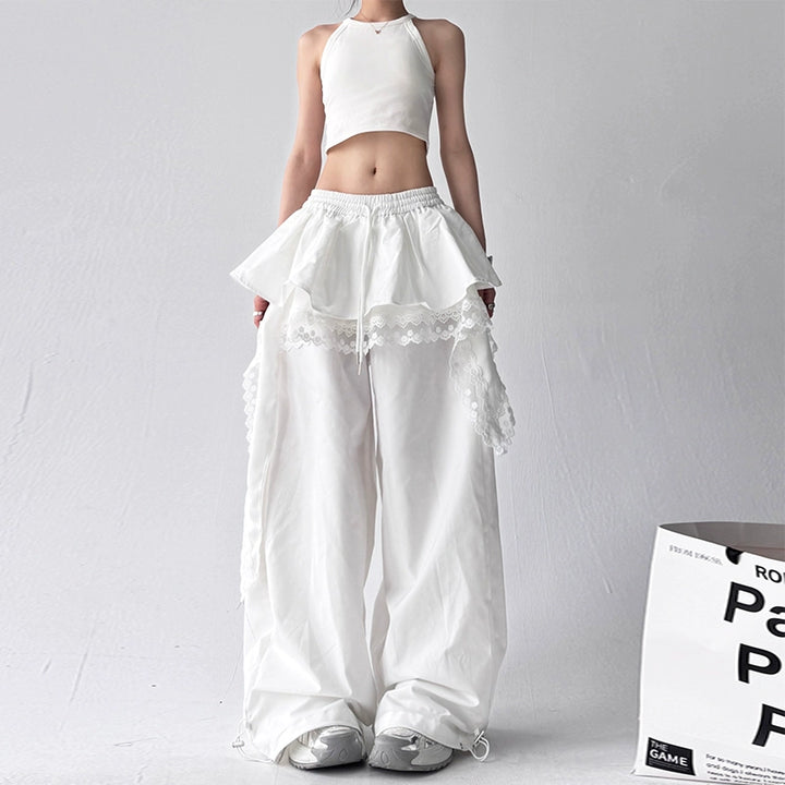 Lace Ribbon Wide-Leg Layered Pants