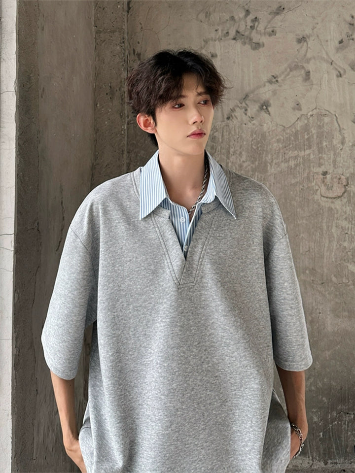 Spliced Lapel Loose Short-Sleeve T-Shirt