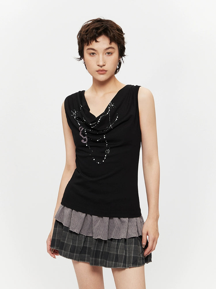 Sleeveless Rhinestone Cowl Neck Top