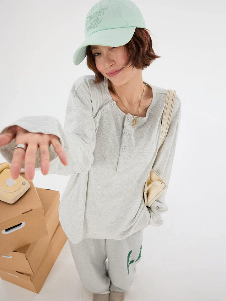 Multi-Button Henley Long Sleeve Top