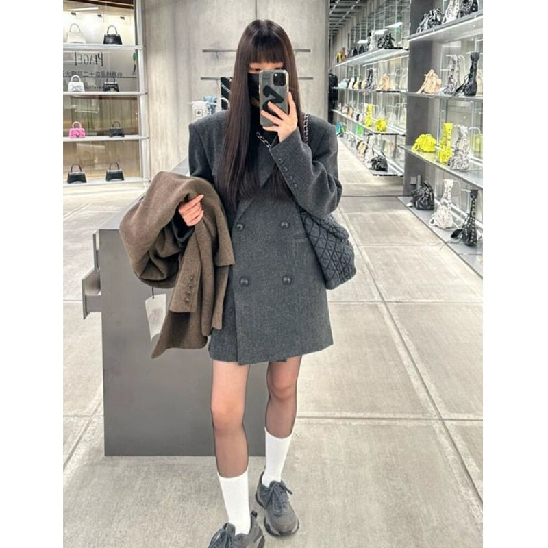 울 더블 브레스트 블레이저 미니 코트