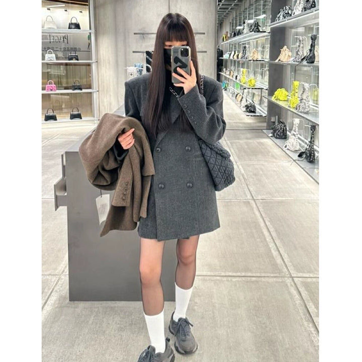 울 더블 브레스트 블레이저 미니 코트