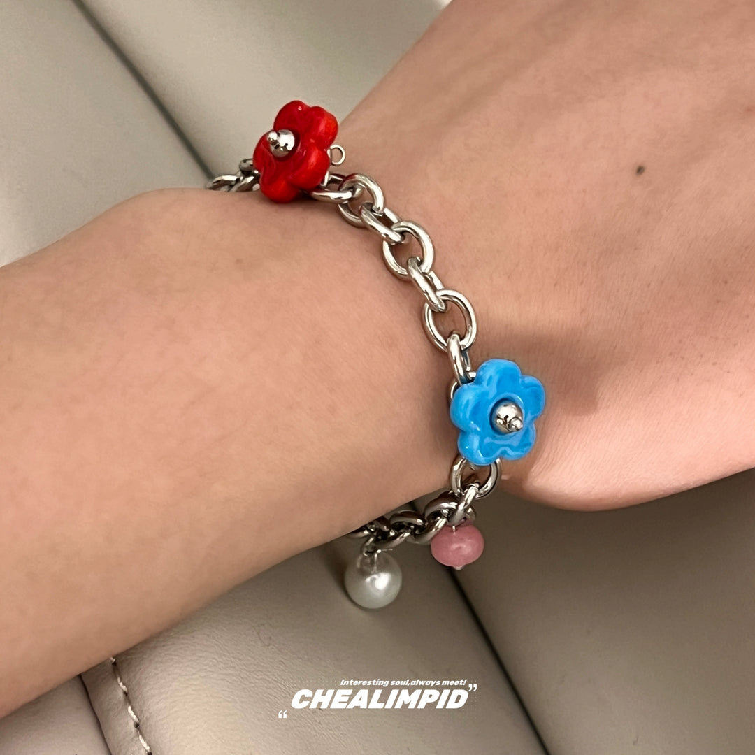 Flower Charm Metal Chain Pearl Bracelet