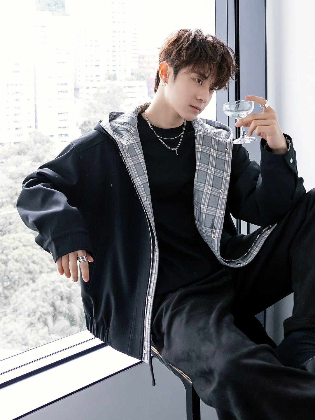 Full-zip Check-lined Hooded Jacket